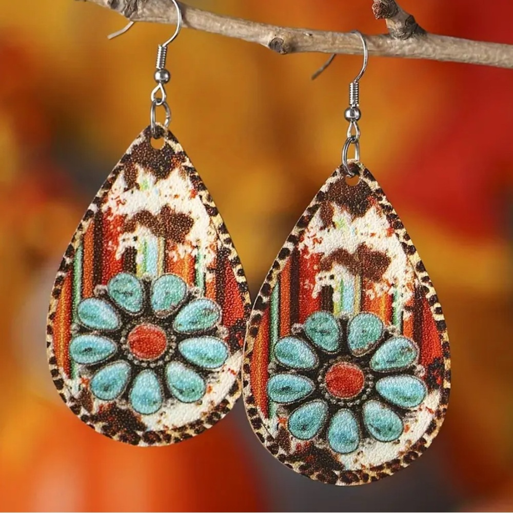 Red and Blue Floral Teardrop Earrings with Silver Accents